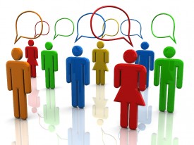 cartoon people with speech bubbles talking