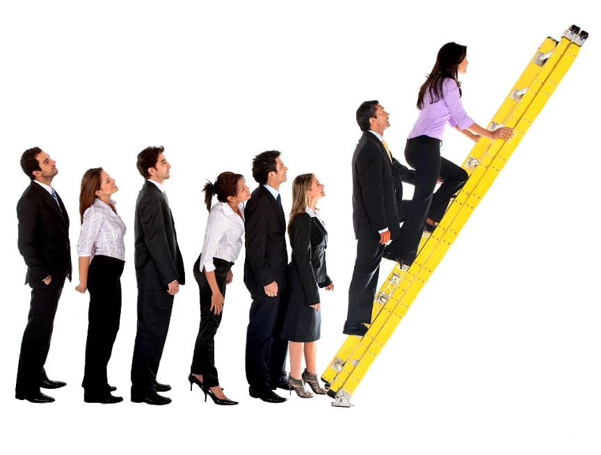 business group climbing ladder