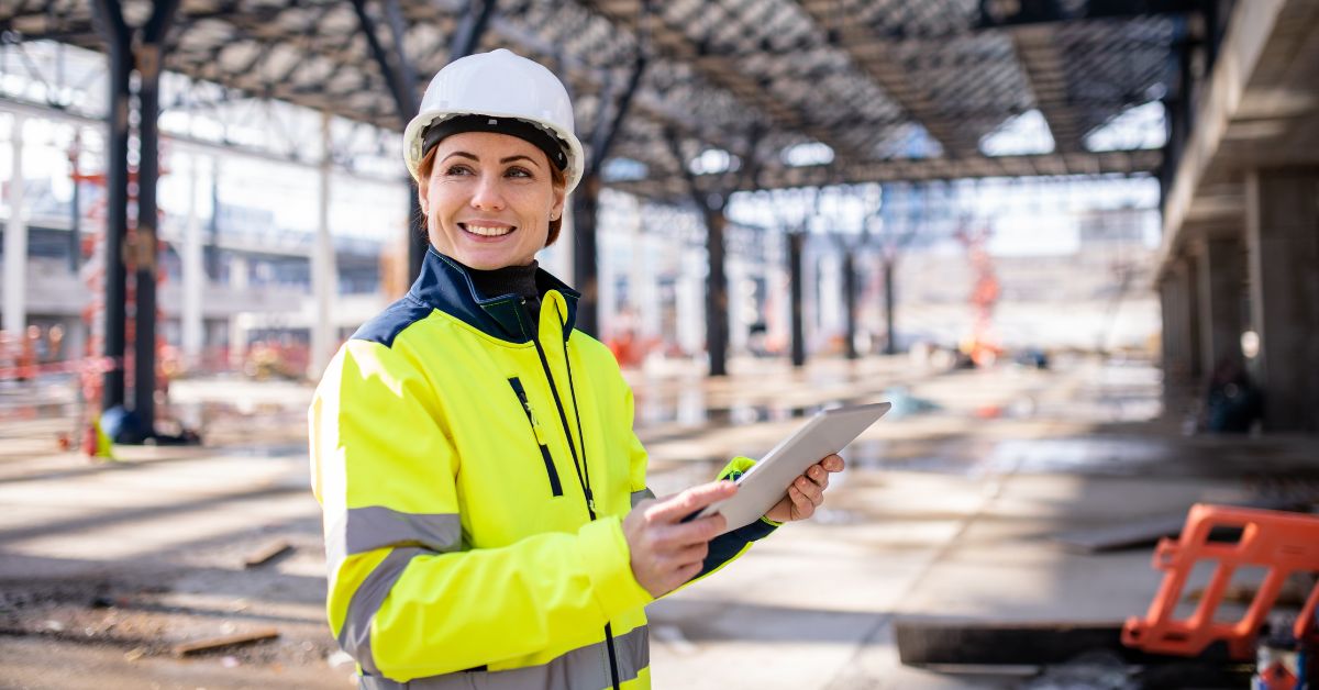 woman construction site with tablet