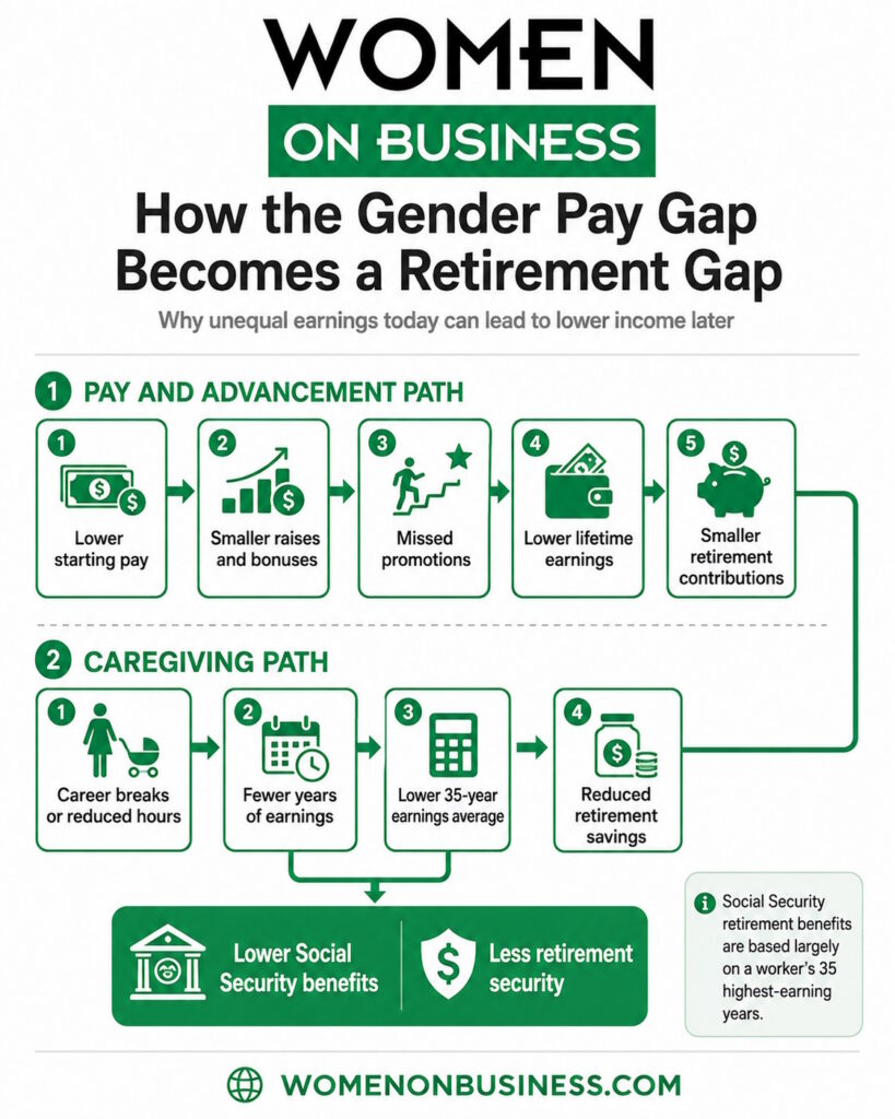 Diagram showing how lower pay and caregiving interruptions reduce women’s retirement and Social Security income