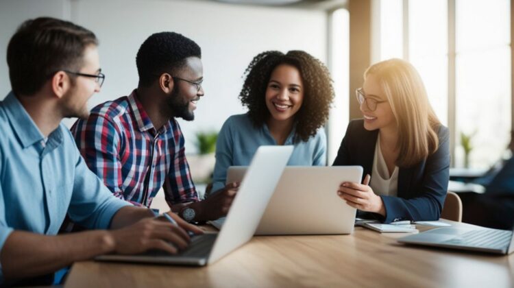 Alt Text: Women business owners collaborating to improve work performance