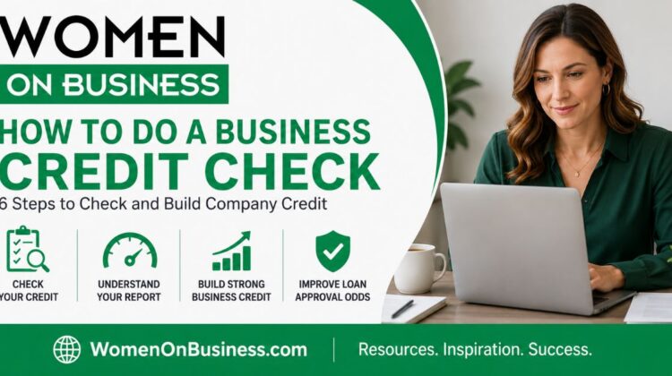 Woman at desk doing a business credit check online