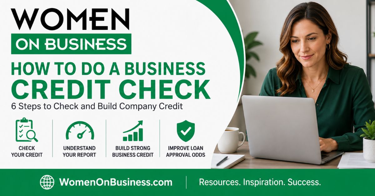 Woman at desk doing a business credit check online