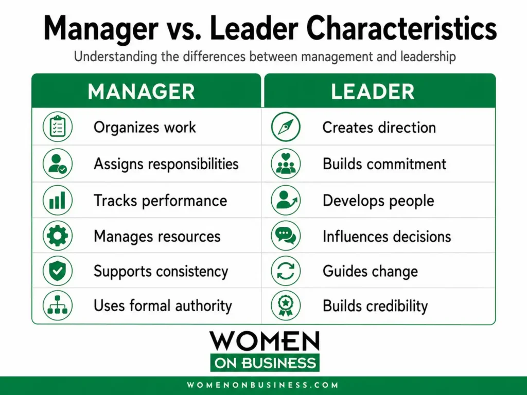 Comparison of manager and leader characteristics including organization, influence, performance, and employee development