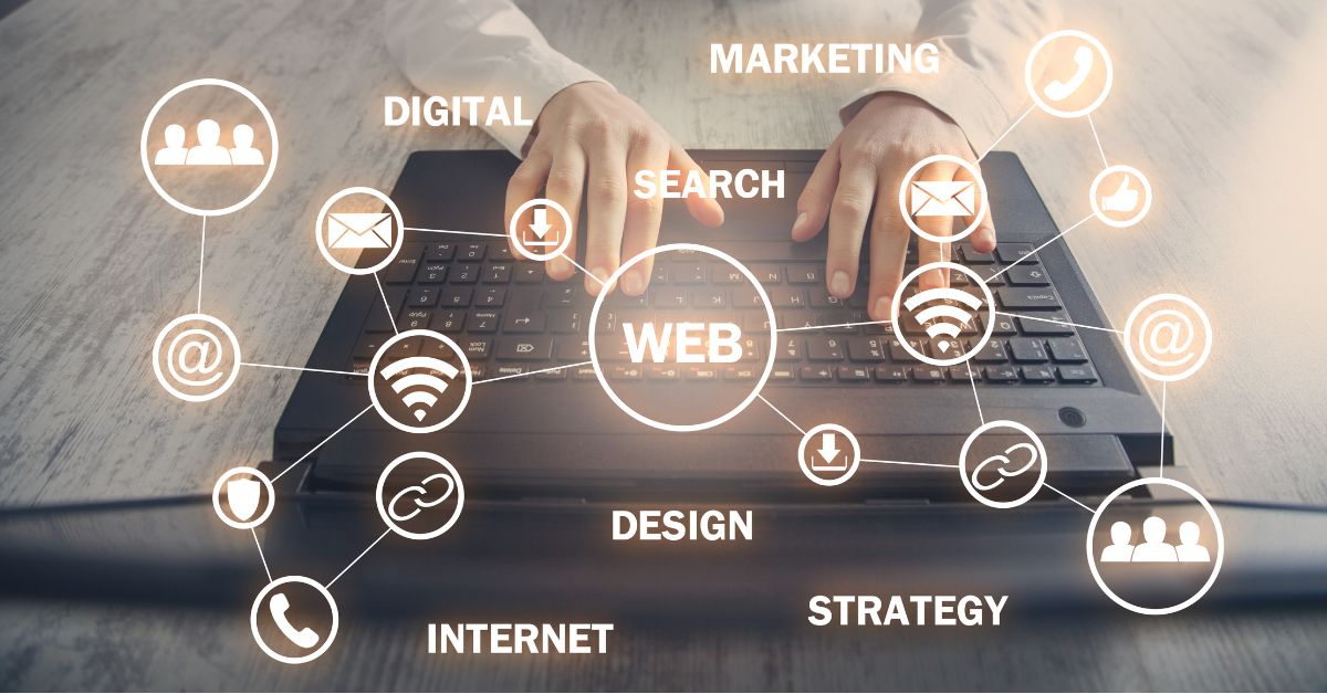 keyboard hands typing with web development and marketing icons