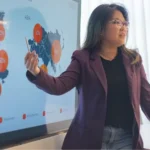 businesswoman at map discussion market expansion opportunities