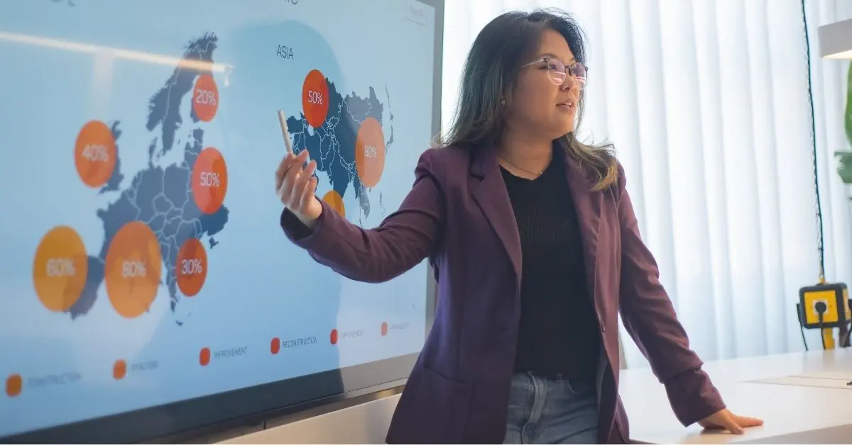 businesswoman at map discussion market expansion opportunities