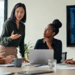 Alt text Professional women using human communication and decision-making skills while working with AI tools