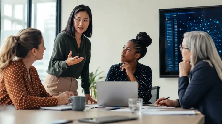 Alt text Professional women using human communication and decision-making skills while working with AI tools