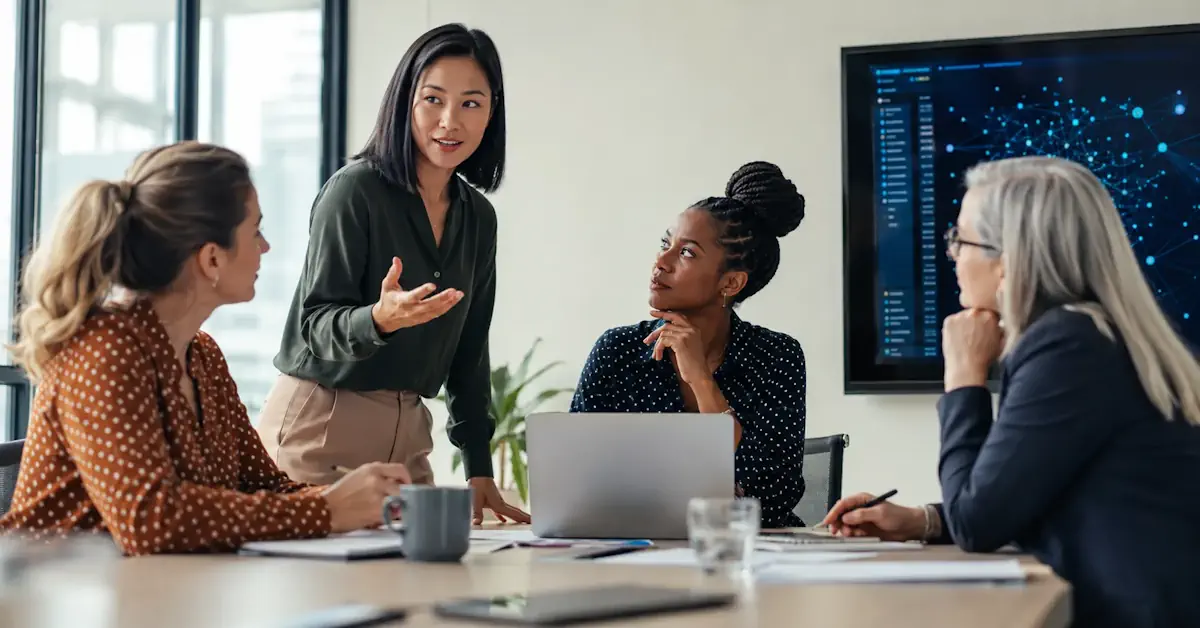 Alt text
Professional women using human communication and decision-making skills while working with AI tools