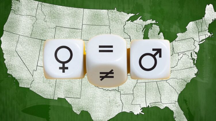 Diverse businesswomen with U.S. map illustrating workplace gender inequality in 2026.