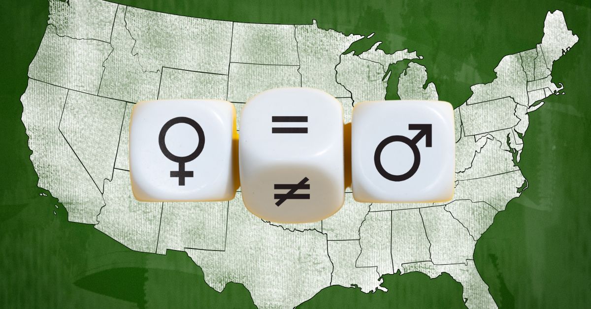 Diverse businesswomen with U.S. map illustrating workplace gender inequality in 2026.